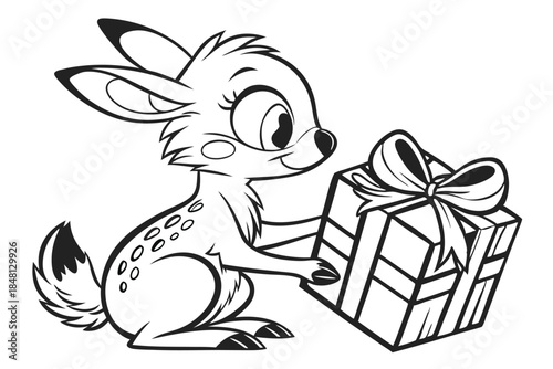 Cute fawn sits, admiring a gift box adorned with ribbon, outlined with a simple design