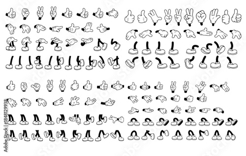 Retro cartoon legs and hands, Hands with gloves and feet with boots, various poses for characters, a set of poses, gestures, placement of hands and feet. Mascot character set. Cartoon set of limbs.