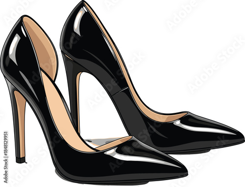 Elegant pair of black high heel shoes vector illustration, shiny patent leather stiletto pumps isolated on white background.