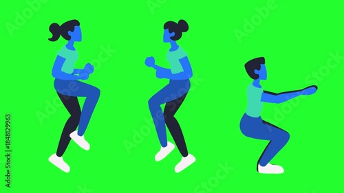 Fitness Workout Animation on Green Screen, Cartoon Characters Doing High Knees and Squats, Chroma Key Exercise Loop for Health and Gym Videos