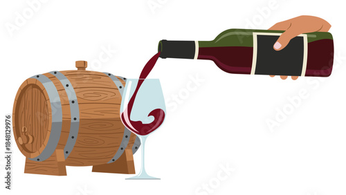 Pouring rich red wine from a bottle into a glass next to a wooden barrel, representing viticulture and enjoyment.