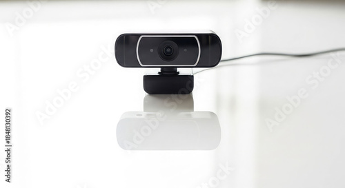 Black modern external webcam resting on a bright white reflective surface with soft light