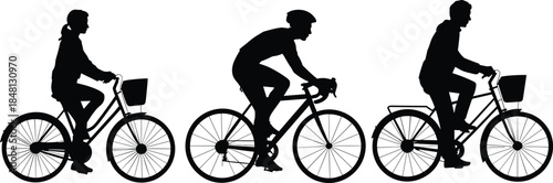 Set of black silhouette cyclists riding bicycles, woman man and athlete on bikes, vector illustration isolated on white background.