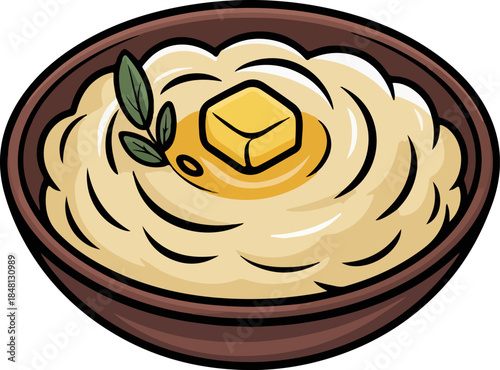 Mashed potatoes bowl cartoon vector with butter cube and herbs side dish illustration