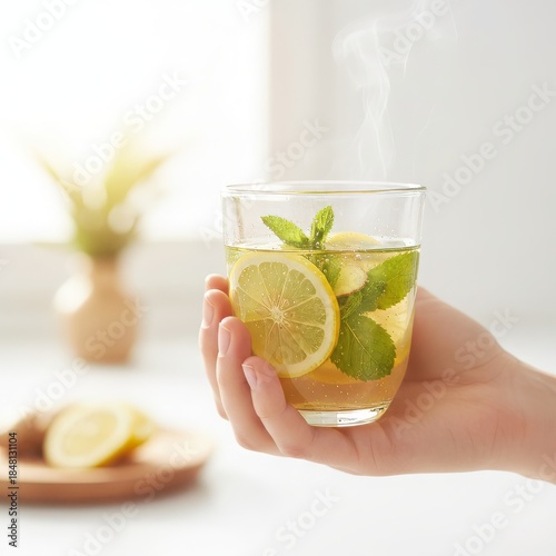 a glass of cold green tea with a slice of lemon and mint