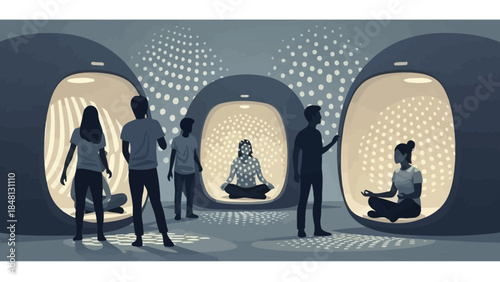 Futuristic meditation chambers with illuminated environments for mindfulness practice and relaxation