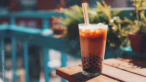 A tall, trendy glass of Boba (Bubble) Tea with thick straw and visually distinct layers (milk, black tea, tapioca pearls). 