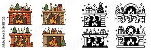 Cozy holiday fireplace vector illustrations for festive decor