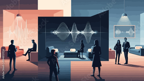 futuristic meeting space with digital sound wave visualizations and diverse professionals engaging