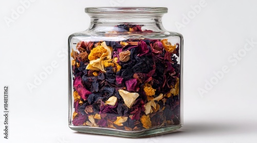 An isolated, clear glass jar filled with brightly colored, dried herbal tea mix (chamomile, hibiscus, dried fruit pieces).