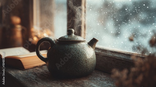 Cozy still life image of a steaming ceramic teapot on a rustic windowsill, with soft window light, a blurred background of falling snow, and a book nearby. Focus on warmth, hygge, and comfort. 