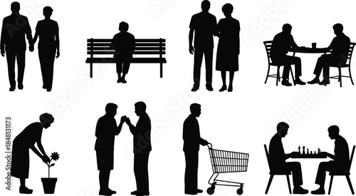 Set of black silhouette elderly people icons showing daily activities like walking, gardening, shopping and playing chess vector.