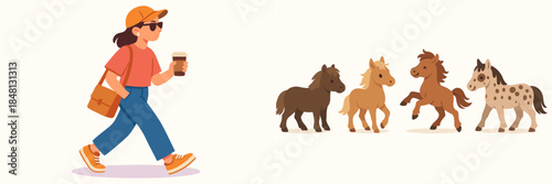 Enjoying a walk with miniature horses in a park setting