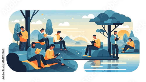 group of diverse individuals relaxing and reading books outdoors in a scenic park setting during