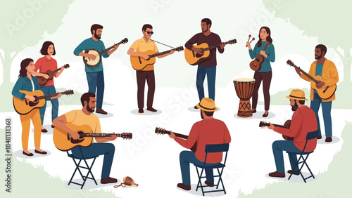 group of diverse musicians playing acoustic guitars and percussion instruments in a collaborative