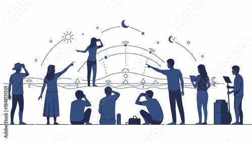 group of diverse people engaging in sky observation and celestial activity in a modern digital