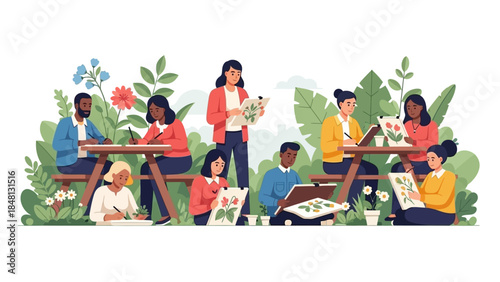 group of diverse people engaging in outdoor botanical illustration and plant study activities in a