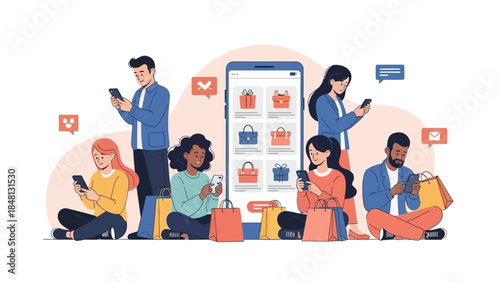 group of diverse people engaging with mobile devices around a large online shopping app interface