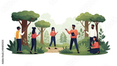 group of diverse people engaging with their smartphones amidst lush greenery in a park setting