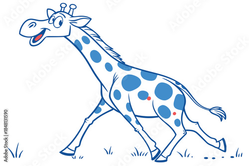 Cartoon giraffe outlined in blue with spots is running quickly on grass