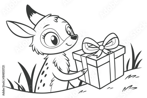 Cartoon fawn smiles while carrying a present with a bow in a grassy field