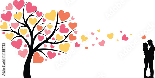 Romantic heart tree illustration with colorful love hearts flowing toward kissing couple silhouette, symbolizing romance, relationship, Valentine’s Day love, wedding, and emotional connection