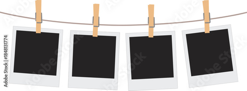 Vector illustration of blank Polaroid photo frames hanging on a clothesline with clothespins, perfect for memory themes, decoration, and creative layouts.