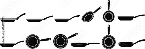 Frying pans shown from various angles. Frying pans and  flat bottomed cookware used for frying, searing, and browning foods vector illustration icon silhouette. Frying pans, skillets vector