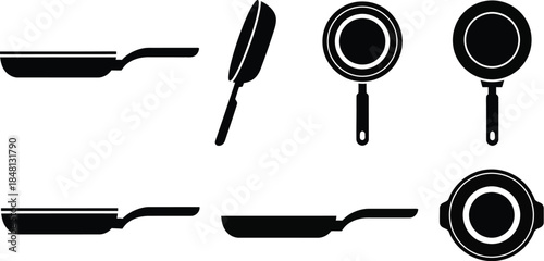 Frying pans shown from various angles. Frying pans and  flat bottomed cookware used for frying, searing, and browning foods vector illustration icon silhouette. Frying pans, skillets vector
