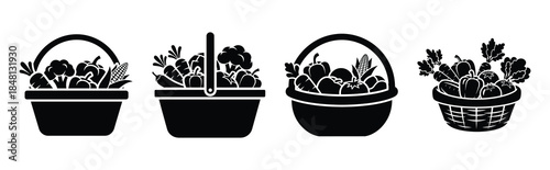 vegetable basket silhouette icon vector set