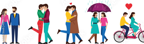 Set of diverse romantic couples illustrations including gay, lesbian and heterosexual lovers holding hands, hugging and riding bike vector.