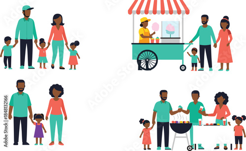 Set of happy African American family characters enjoying outdoor activities walking buying cotton candy and having summer barbecue picnic vector.