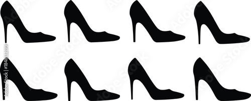 Set of eight black silhouette women's high heel shoes icons, elegant stiletto pumps footwear collection vector illustration isolated on white background.
