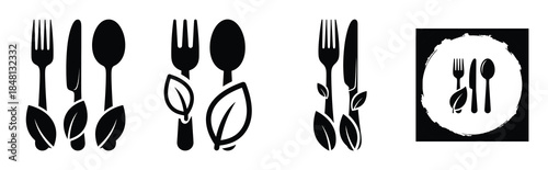 cutlery with leaf silhouette icon vector set