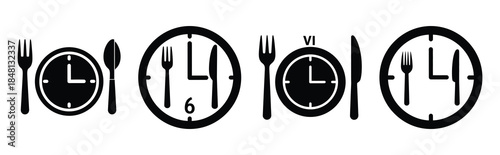dinner time clock silhouette icon vector set