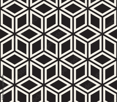 Vector seamless pattern. Geometric pattern of tiling cubes in black and white. Ideal for use in modern design projects, textiles, or wallpapers, it showcases a stylish and contemporary aesthetic.