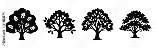 fall oak tree silhouette icon vector set