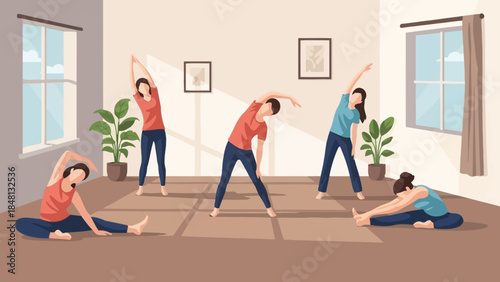 group of people practicing yoga in bright living room with large windows and indoor plants