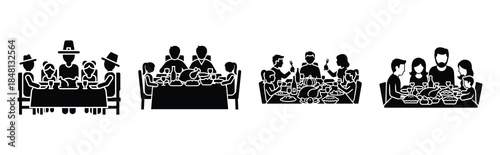 family thanksgiving dinner silhouette icon vector set