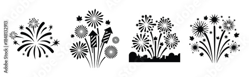 festive autumn fireworks silhouette icon vector set
