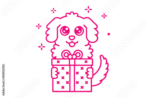 Pink cartoon dog sits happily inside present with ribbon and cross pattern