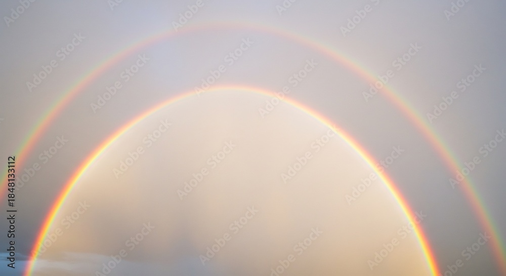 Fototapeta premium 柔らかな光に包まれた二重の虹が幻想的な空に鮮やかに架かる自然の息をのむ美しさ. AI Generated