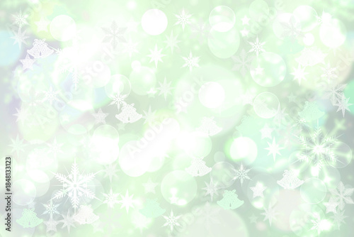 Abstract blurred festive delicate winter christmas or Happy New Year background with shiny blue green and white bokeh lighted circles stars. Space. Card concept.