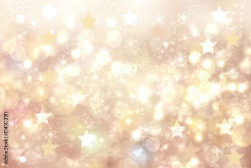 A festive abstract delicate Happy New Year or Christmas background texture with colorful gold yellow pink blurred bokeh lights and stars. Space for design. Card concept or advertising.