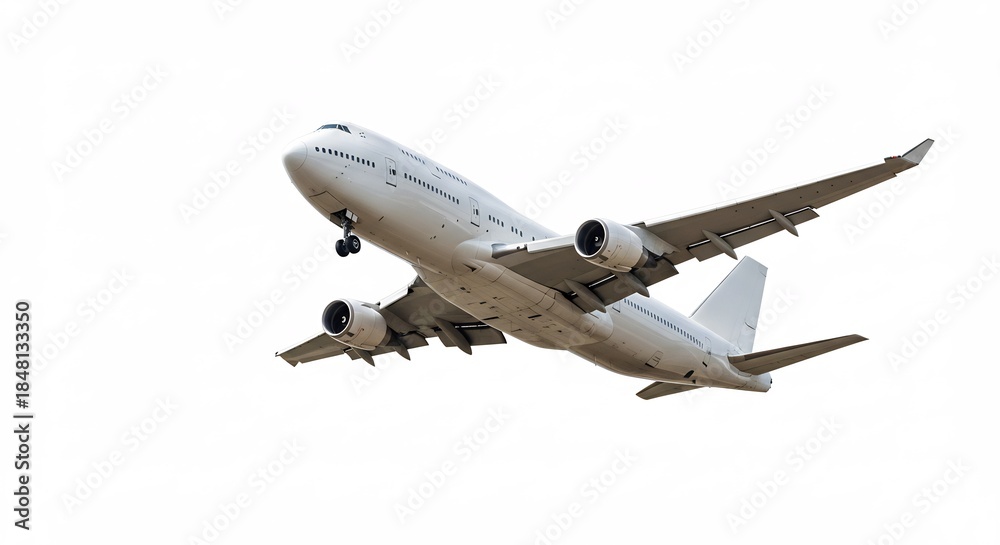 Obraz premium 広大な空へ力強く飛び立つ白い旅客機が希望を乗せて上昇する 澄み切った背景が旅の始まりを鮮やかに描く. AI Generated