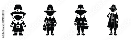pilgrim child silhouette icon vector set