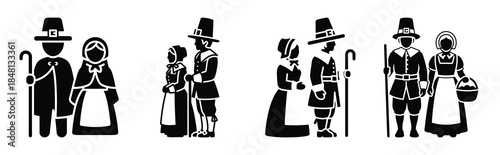 pilgrim couple silhouette icon vector set
