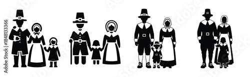 pilgrim family silhouette icon vector set