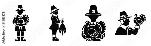 pilgrim holding turkey silhouette icon vector set