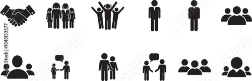 Collection of black silhouette icons depicting various teamwork and partnership concepts